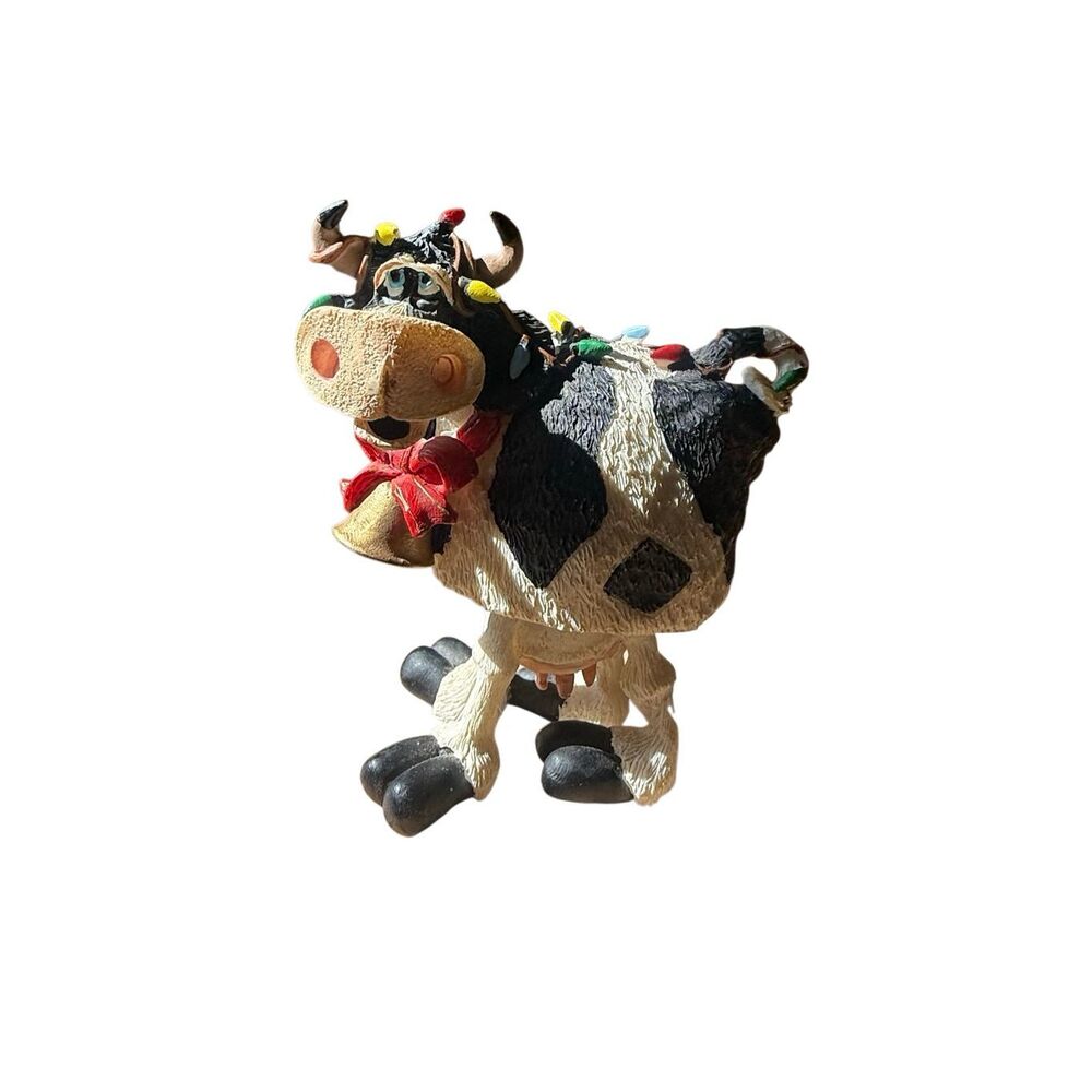 Christmas Cow Bobble Top Holstein Lights Figurine Decoration Signed Douglas